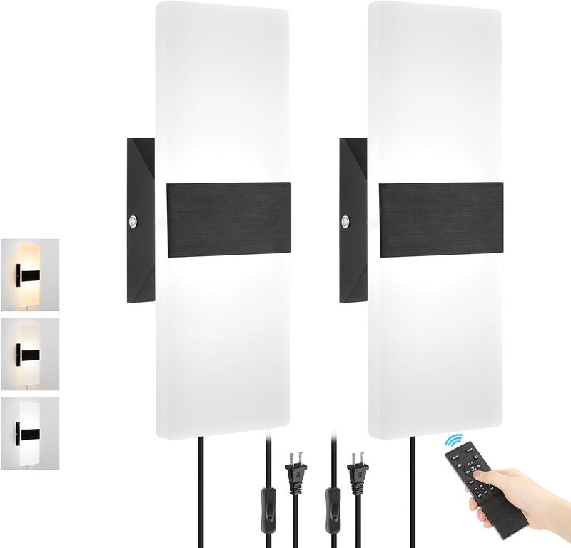GOODATE Plug in Wall Sconces with Adjustable 3000K-6500K Colors & 10%-100% Brightness, Wall Sconces Set of Two with Remote, 12W Acrylic LED Plug in Wall Light, Sconces Wall Decor Set of 2 (2 PACK,Black) - Image 1